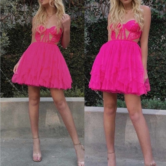 NWT For Love & Lemons Rosario Hot Pink Bustier Mini Tulle Dress Large dolls kill - Picture 3 of 13